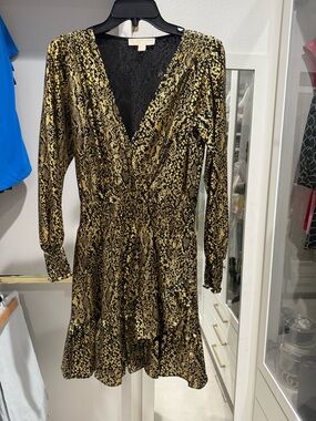 Michael Kors Black and Gold Animal-Print Long Sleeve Dress
